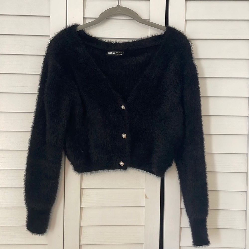Fuzzy Knit Cropped Cardigan w/ Pearl buttons